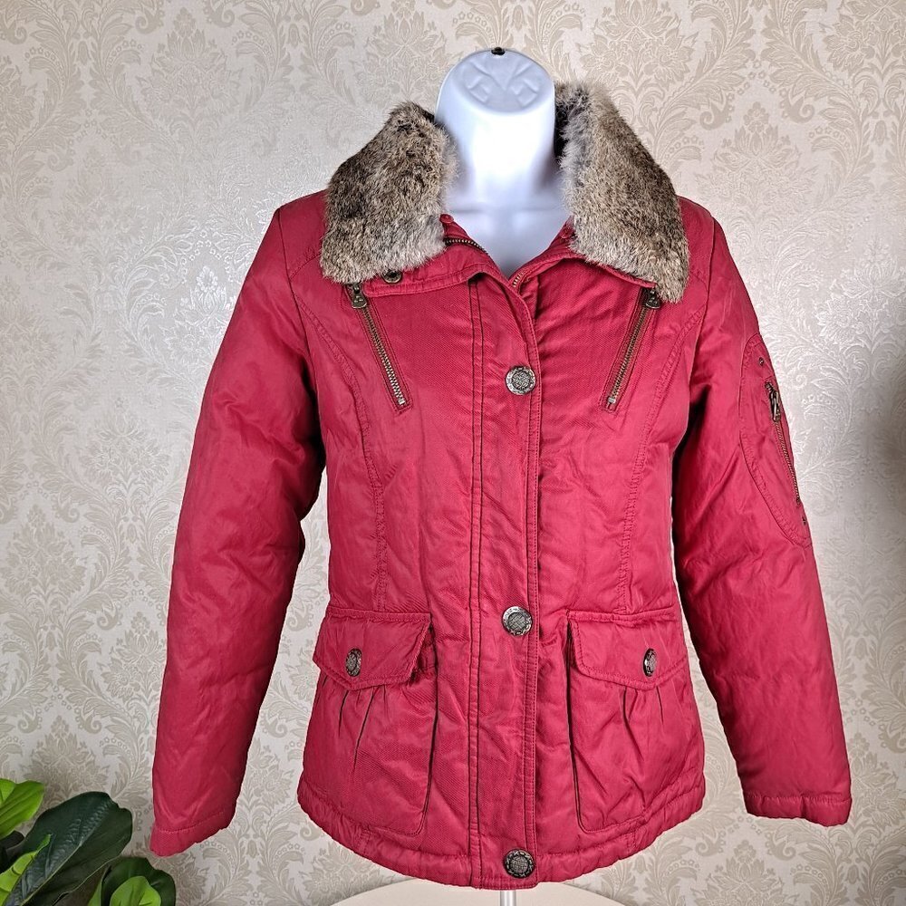 Hampsheer Size Medium Red Puffy Jacket Full Zip Detacheable Fur Collar EUC
